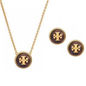 TORY BURCH • Purple Stone Necklace Earrings Logo Matching Jewelry Set